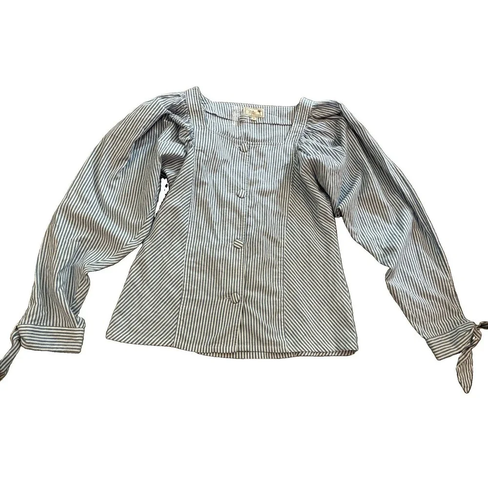 Mille Resort & Travel Evelyn Blouse  Blue White Stripes Puff Long Sleeves Small